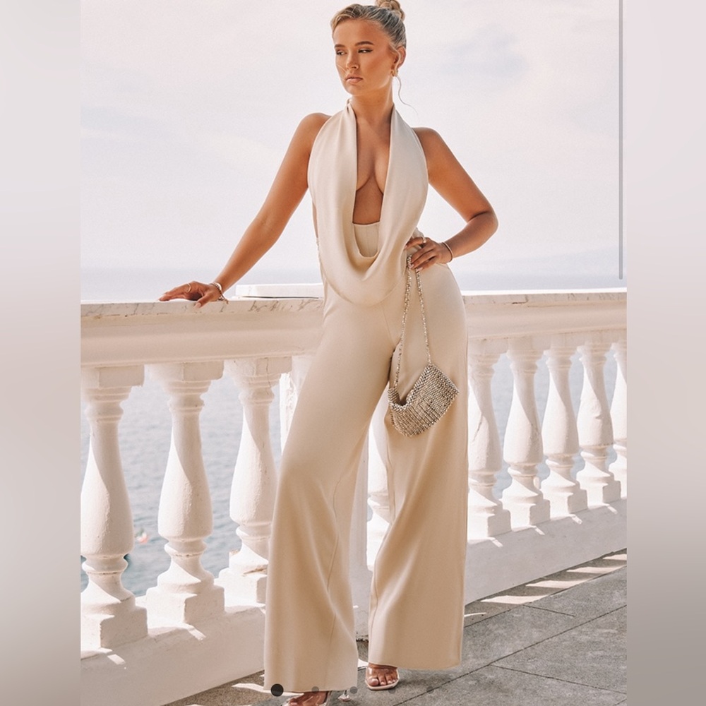 Cream Plunge Cowl Neck Drape Jumpsuit